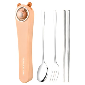 萌趣動物便攜餐具 全銀筷叉勺3件組 輕巧便攜  1組  卡皮巴拉  筷子 + 叉子 + 湯匙