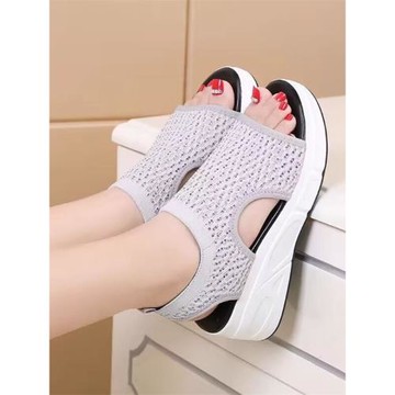 商場同款坡跟夏新款水鉆厚底一腳蹬飛織休閑運動鞋松糕沙灘女涼鞋