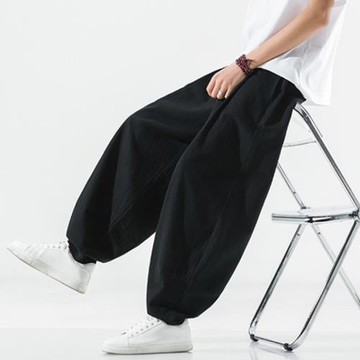 闊腿運動褲男春秋垂感棉麻九分褲胖子寬松大碼休閑褲中國風燈籠褲