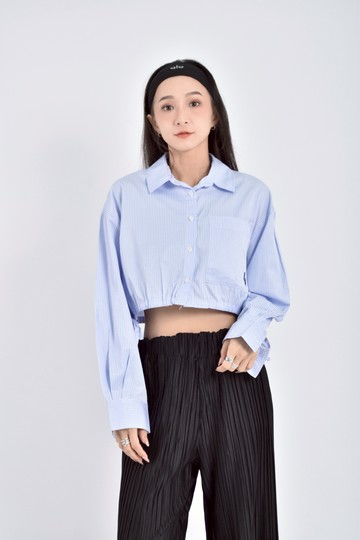 (XL) repipi armario修身短版質感條紋抽繩藍色長袖上衣