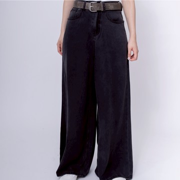 Merite｜涼感水洗寬管牛仔褲 附腰帶｜黑色｜S-XL