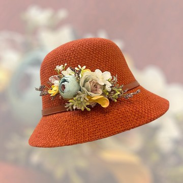 優雅皮帶裝飾帽 - 亮橘