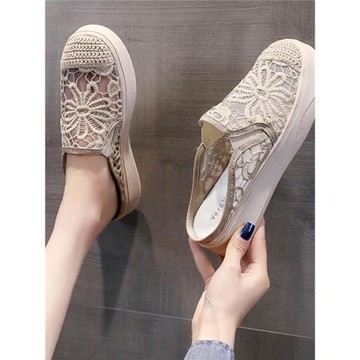 包頭半拖鞋女夏外穿網紗透氣2025年新款超火半托女鞋平底漁夫鞋子