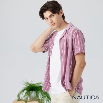 Nautica 男裝 多種植條紋短袖襯衫-紫色