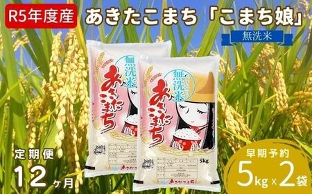 定期便  令和5年産 『こまち娘』あきたこまち 無洗米 10kg  5kg×2袋12ヶ月連続発送（合計120kg）吉運商店 秋田県 男鹿市