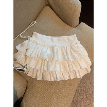 甜美白色蓬蓬蛋糕裙女夏季小個子短裙遮肚防走光高腰蕾絲邊半身裙