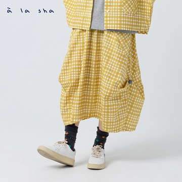 a la sha  格紋不規則抓褶裙