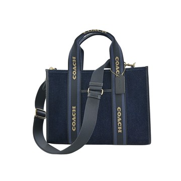 COACH LOGO織帶深藍色丹寧布手提/斜背大款立體方包