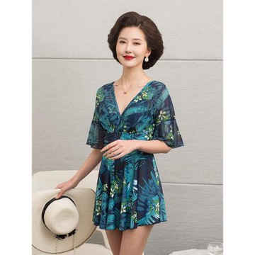 2025新款媽媽泳衣中老年保守大碼分連體裙式遮肚顯瘦胖MM溫泉泳裝