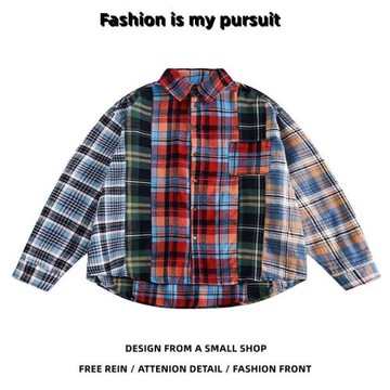 美式復古拼接格紋襯衫男生潮流痞帥寬松慵懶風襯衣外套長袖上衣潮