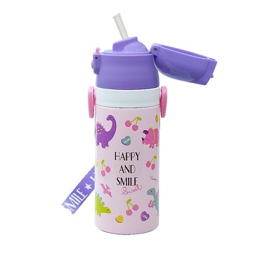 日本 SKATER - 兒童吸管不鏽鋼保溫水壺(400ml)-粉粉龍