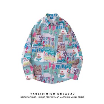 日系原宿風卡通印花翻領襯衫女秋季潮牌寬松休閑慵懶風情侶薄外套