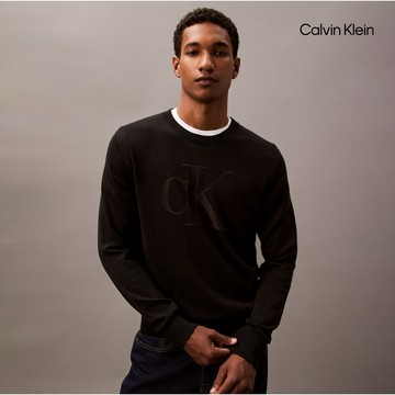【Calvin Klein】 CK 同色調標誌滑面棉質針織上衣_黑色