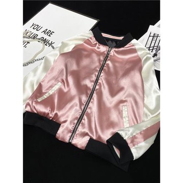 CCA國風櫻花重工刺繡拼色緞面棒球服仿綢緞雙面穿亮面夾克外套女