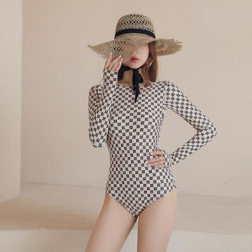 跨境批發韓新款仙女范連體溫泉游泳衣女遮肚顯瘦保守長袖性感露背