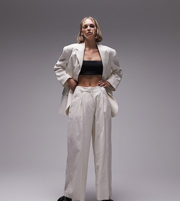 Topshop Petite co-ord linen-blend wide leg trouser in oatmeal-Neutral
