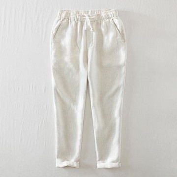 亞麻褲男抽繩九分褲夏季薄款純色直筒全麻休閑褲寬松冰絲純麻褲子