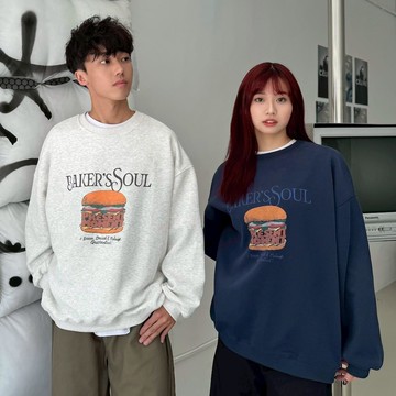 【AMERO】男裝 女裝 圓領長袖大學T 漢堡印花 情侶裝