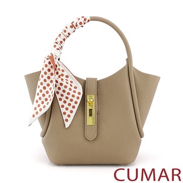 CUMAR 絲巾弧形轉扣手提斜背包-卡其色