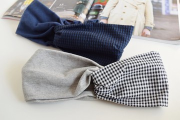 [圖案 x 平原] 格子 x 黑色格子檢查 x黑/ 十字髮帶頭巾