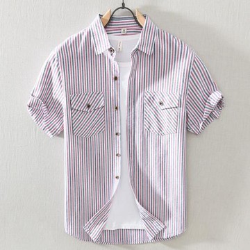 夏季男短袖純棉襯衫青年翻領條紋襯衣薄款親膚寸衫外搭便單潮上衣