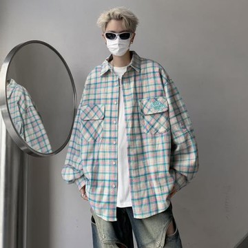 美式復古街頭粉色格子長袖襯衫男春秋季新款寬松休閑百搭情侶外套