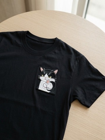 客製刺繡貓黑色T恤 黑白貓短袖上衣 幽默個性T恤 生日禮