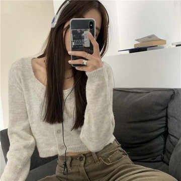 雜色防曬開衫女2023春季新款韓版chi簡約顯瘦方領短款針織衫上衣