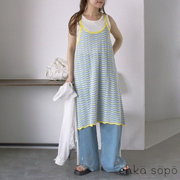 【ehka sopo】跳色波浪織紋後綁帶式洋裝