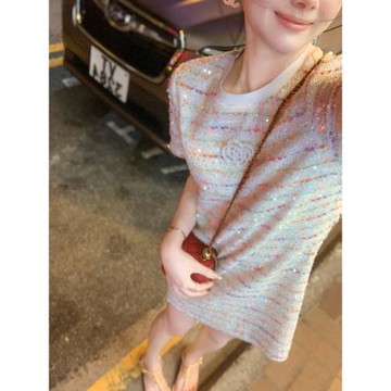 (免運)魚兔子的兔子 小香風亮片連衣裙女2026夏季穿搭新款小個子a字裙子