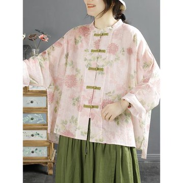 千秋飛燕復古國風印花苧麻襯衫女夏季新款寬松中式立領盤扣上衣