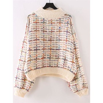 半高領短款格子套頭毛衣女2023秋冬新品韓版寬松時尚粗毛線針織衫