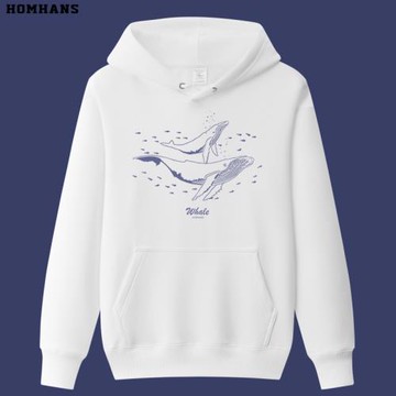 手繪鯨魚動漫簡約插畫衛衣個性原創秋冬休閑套頭連帽加絨保暖加厚