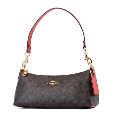 COACH Charlotte 緹花LOGO防刮拉鍊肩背包-咖啡紅