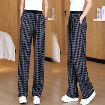 夏季時尚經典格子直筒褲女薄款中年媽媽松緊腰褲子寬松顯瘦休閑褲