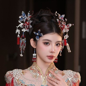 ⭐全場免運⭐ 新娘頭飾 皇冠 中式秀禾頭飾髮飾秀禾服結婚紅藍新娘古典高級婚禮龍鳳高端髮簪