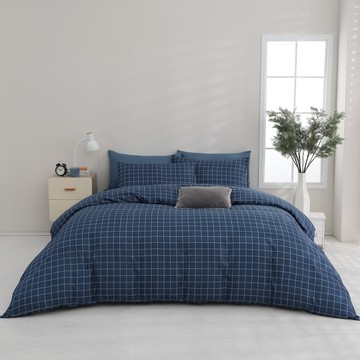 Ishur 伊舒爾 雲絲棉兩用被床包4件組 格趣味  特大  格子 藍色 + 白色  床包 + 兩用被套 + 枕套 2個