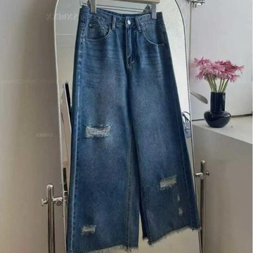 胖胖美依 九分褲 寬腿褲 牛仔褲 直筒褲 中大尺碼S-3XL新款破洞牛仔褲薄款小個子顯瘦九分直筒闊腿-8881.