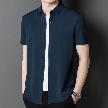 夏季高端男士純色桑蠶絲短袖襯衫商務休閑男裝寬松冰絲半袖襯衣潮