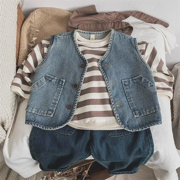 兒童馬甲牛仔春秋洋氣百搭外穿新款小童女童寶寶復古坎肩外套背心 男童牛仔馬甲 洋氣背心外套 中小童坎肩外套 韓版馬夾