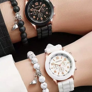 黑白手錶 情侶手錶 情侶對錶 一女一男閨蜜手錶 二人石英錶 手串項鏈套裝 手錶兩件套 交換禮物 生日禮物