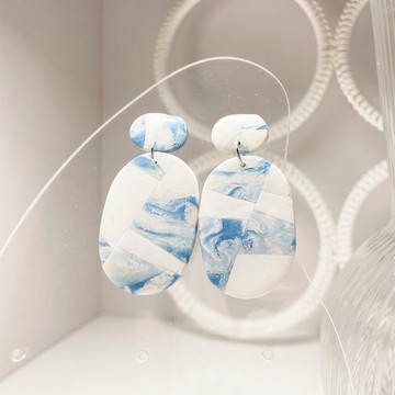藍色大理石 圓形耳針與交錯線條橢圓墜飾 冬季系列