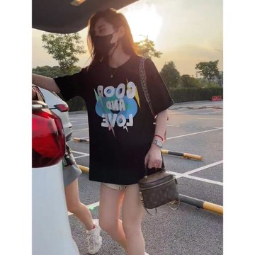 寬松大版中長款港風chic上衣下半身失蹤潮牌黑色短袖正肩t恤女夏