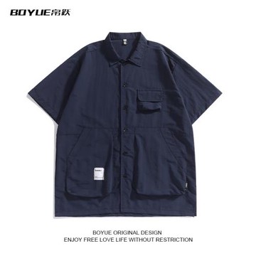 BOYUE帛躍日系潮流立體大口袋工裝襯衫男生夏季休閑文藝半袖襯衣