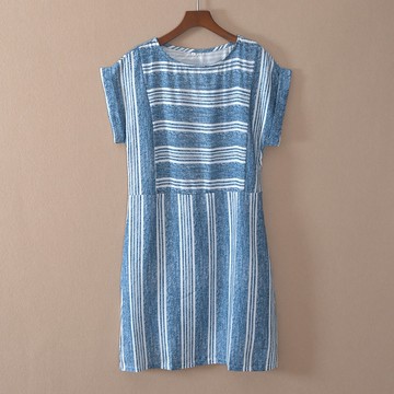 夏款女裝中長裙短袖圓領一步裙條紋套頭連衣裙子潮