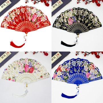 台灣現貨 燙花綢布中國風折扇 舞蹈扇復古扇花邊扇 扇子 凡妮莎飾品
