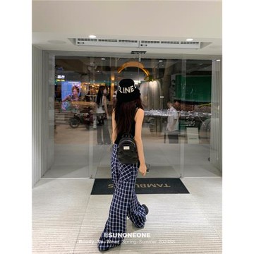 SUNONEONE 藏青闊腿格子休閑褲女夏季新款直筒低腰寬松慵懶長褲