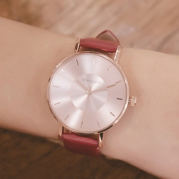 正韓STACCATO無與倫比的你極簡飛碟錶盤真皮手錶單支閨蜜禮【WST545】-玫金面紅帶