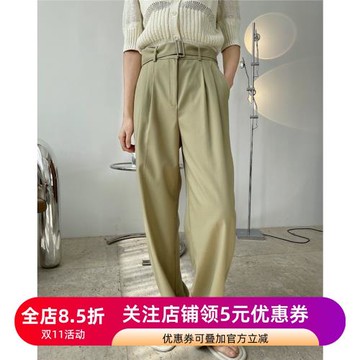 ALEI 早秋新品簡約氣質高腰直筒休閑西褲寬松顯瘦腰帶直筒闊腿褲
