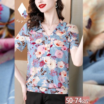 翻領釦飾壓褶滿版花卉彩色印花上衣 L-3XL【893215X】【現+預】☆流行前線☆